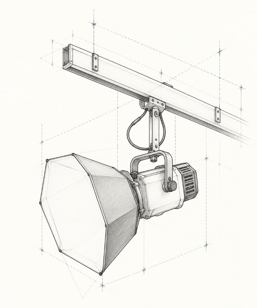 Detail of a softbox head clamped to a ceiling lighting track.